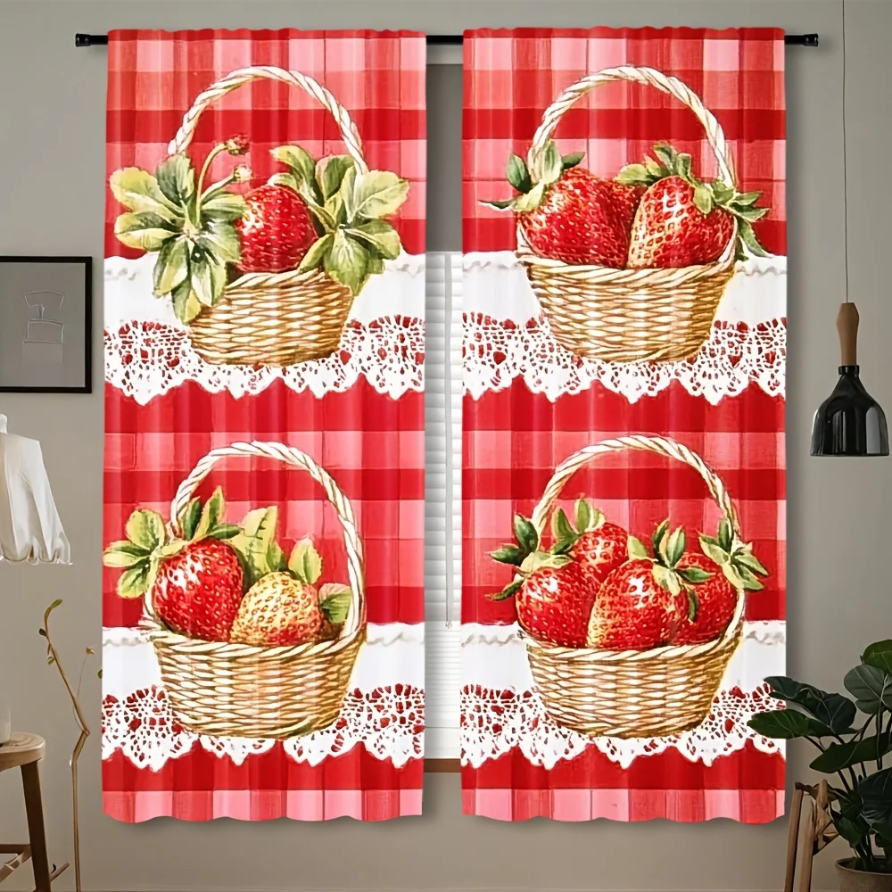 Red Strawberry Picnic Pattern Curtains Gingham Plaid Window Drapes Cottagecore Farmhouse Style Decorative Window Treatment