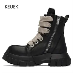 Autumn Winter Men Lace-up Thick Soled Trendy Shoes Street Fashion Motorcycle Boots Luxury Vintage Genuine Leather Short Boots