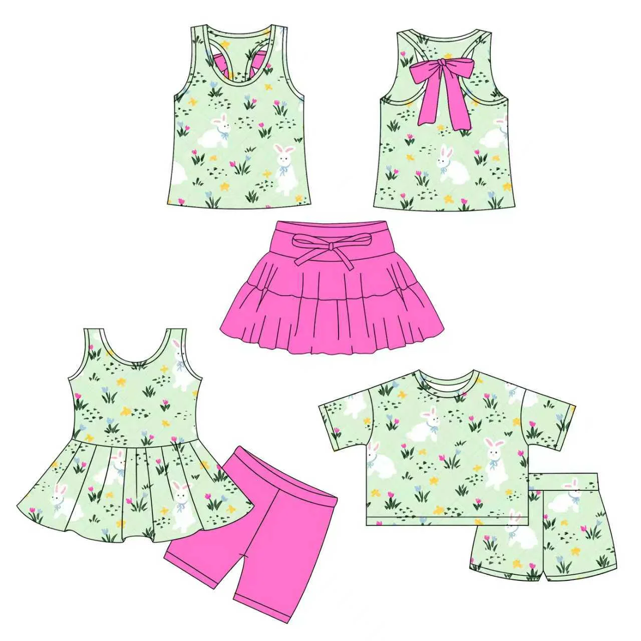 New Easter Bunny and Egg Print Sleeveless Top Girls Summer Skirt Set Matching with Boutique shorts Set