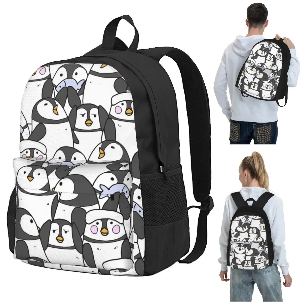 Hand Drawn Penguin Set Backpack Student BookBag Children School Bag Laptop Shoulder Bags for Men Women