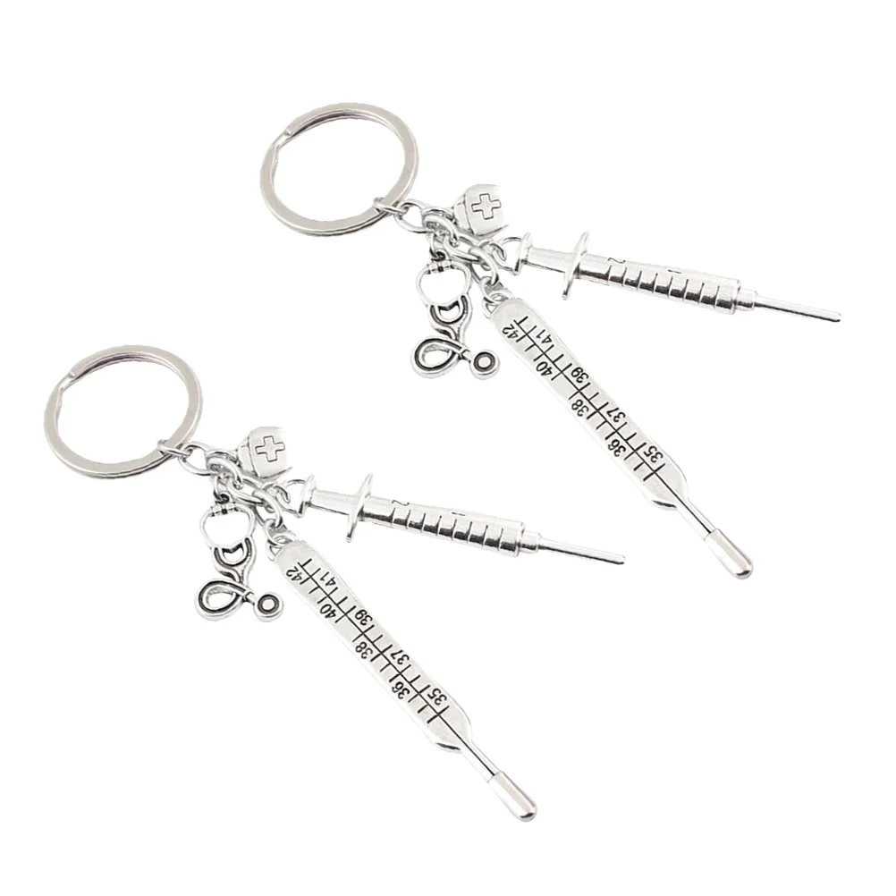 2pcs Keychains Creative Key Holder Thermometer Syringe Key Ring Key Decoration Small Gift for Men Women