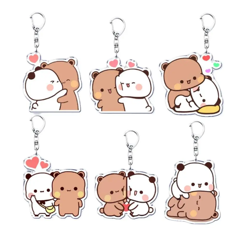 Cute Bubu Dudu White Grey Couple Kiss Bear Acrylic Keychain Ring for Accessories Bag Pendant Key Chain Jewelry Fans Lovers Gifts