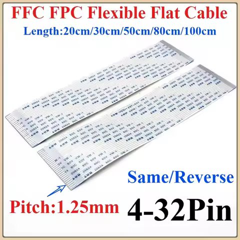 2Pcs 20/30/50/80/100CM FPC FFC Flexible Flat Cable 1.25mm Pitch AWM 20624 80C 60V VW-1 4P/5/6/8/10/12/14/16/18/20/22/24/30/32Pin