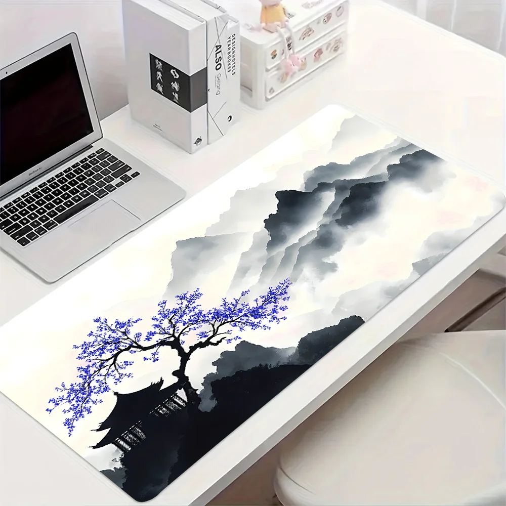 대형 미끄럼 방지 마우스 패드 동아시아 풍경 벚꽃 산 & 탑 디자인 게임용 내구성 있는 2D 평면 표면