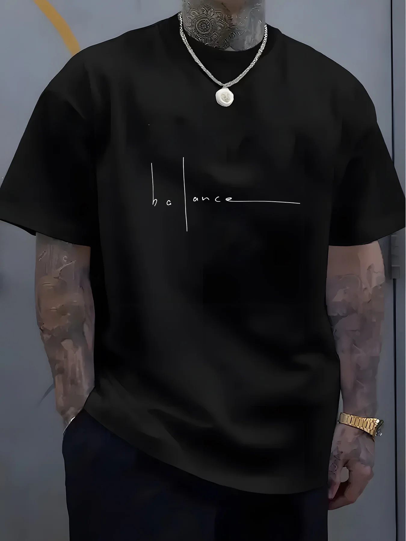 Men's summer  fashionable casual sports loose trend balance letter print round neck short sleeved T-shirt top image 3