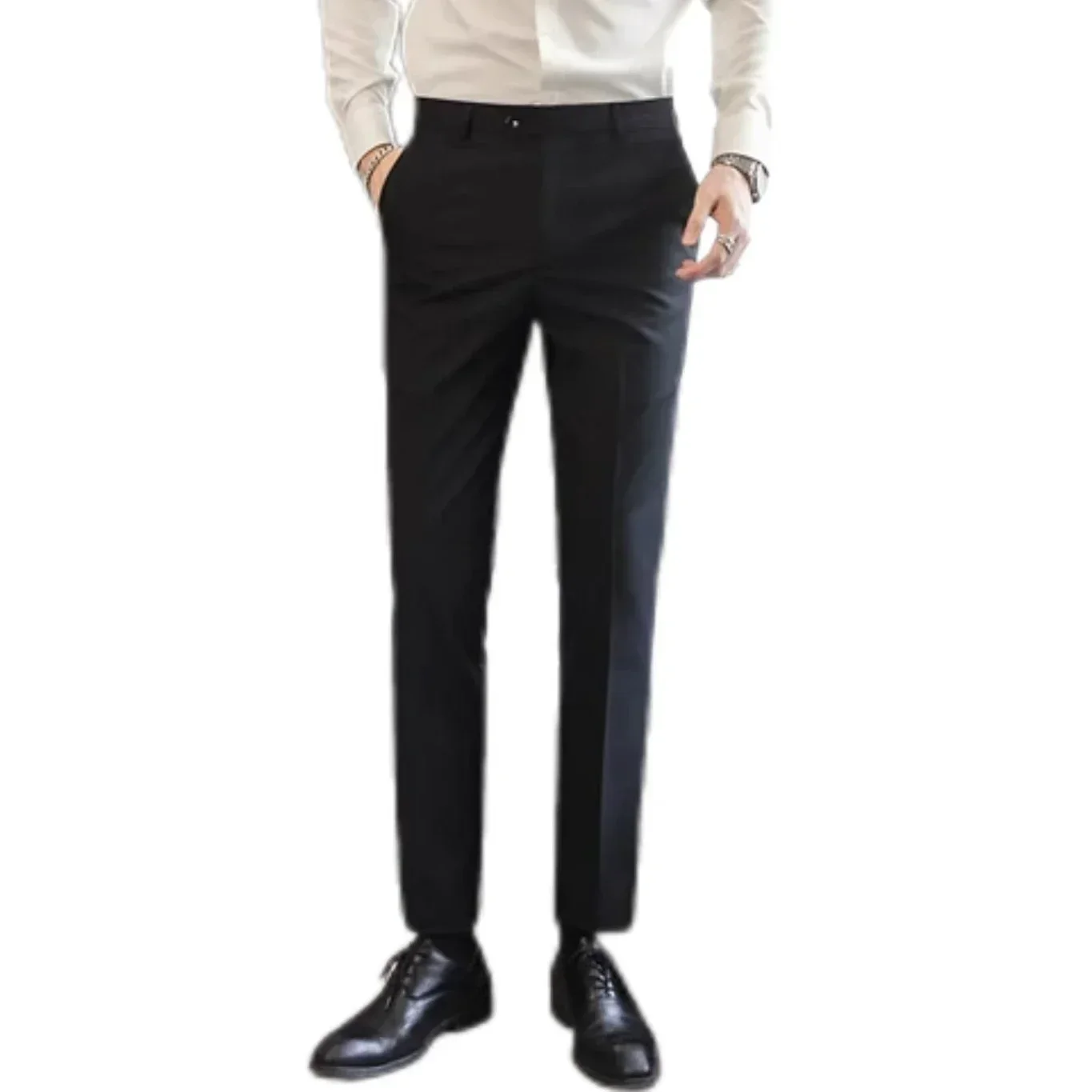 

Men's Straight Fit Business Suit Pants Comfortable Summer Casual Trousers Gentleman's Solid Color Wedding Dress Code Clothing