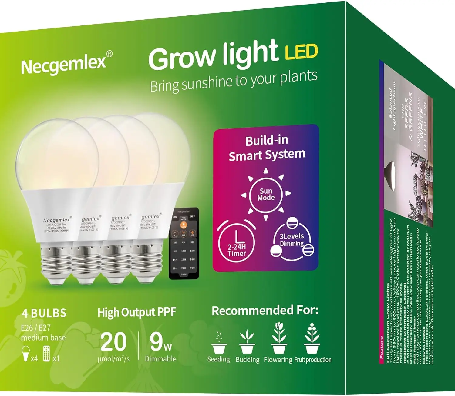 

Smart LED Grow Light Bulbs with Remote, Sun Mode, Auto Timer, Dimmable Full Spectrum for Indoor Plants, 4 Pack