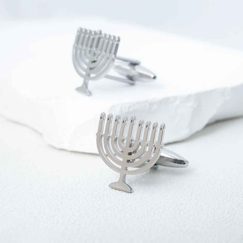 Jewish Menorah Cufflinks for Mens Stainless Steel Shirt Suit Buttons Cufflinks God Shabbat Wedding Accessories Religious Jewelry