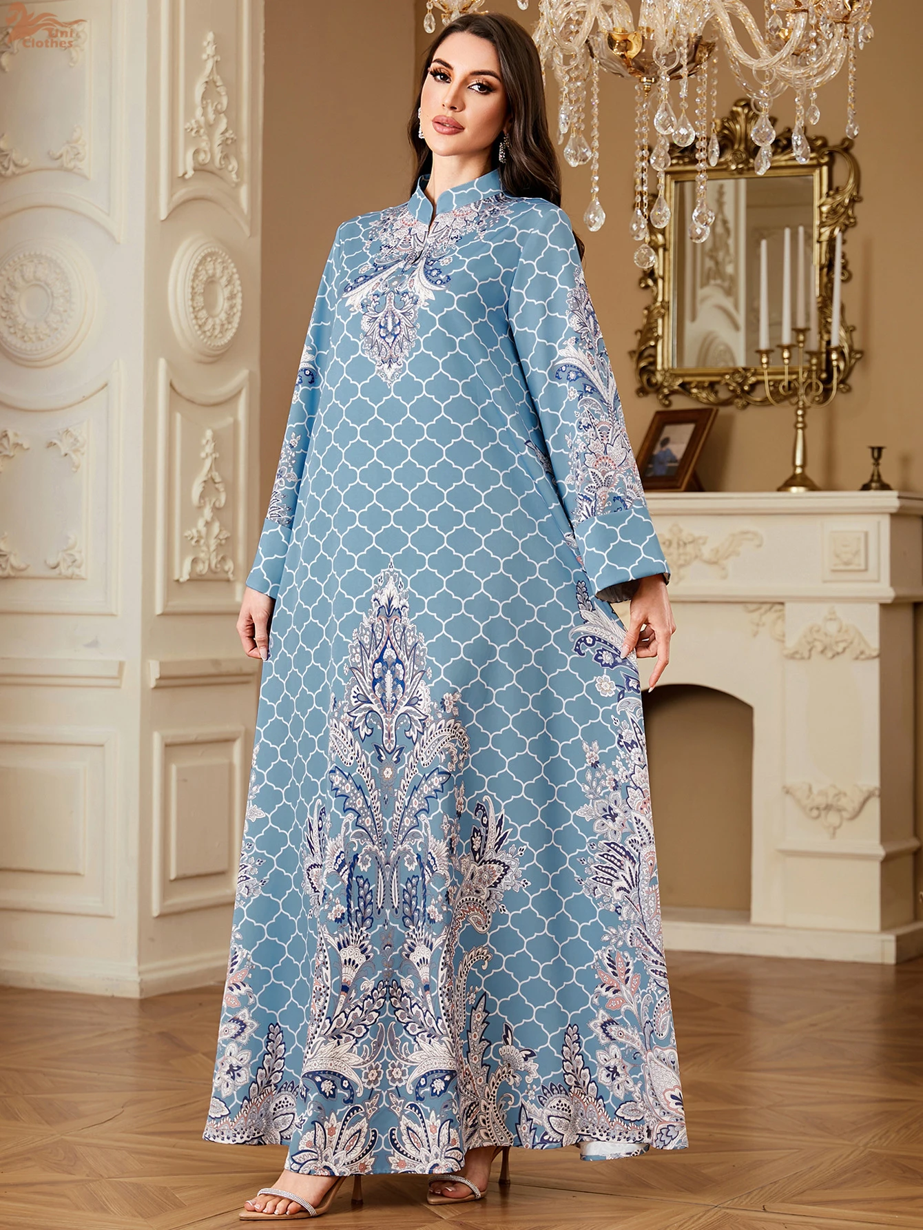 Uni nuevo Dubai estampado de lujo Abaya musulmán elegante vestido con estampado Floral jersey manga larga Keftan 2025