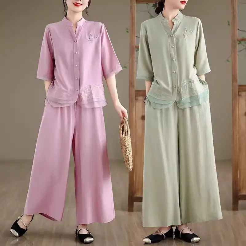 

Mom's Summer Sets 2 Piece Women Trendy Casual Middle-Aged And Elderly Half Sleeve Loose T-Shirt Wide Leg Pants Outfits K1037