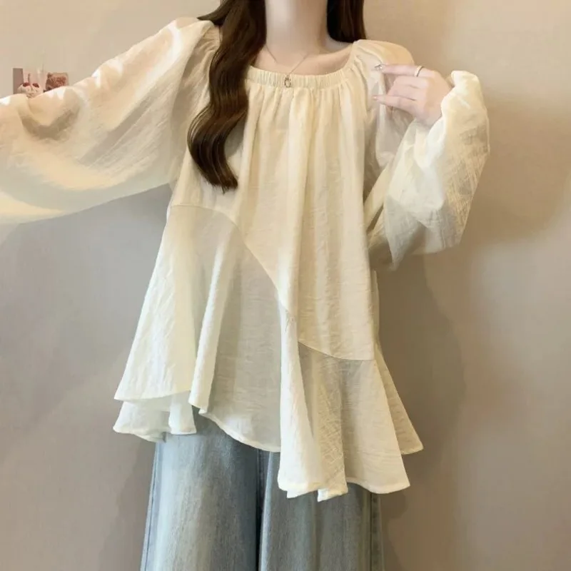 

Large Size Long-sleeved Shirt for Women in Autumn Irregular Doll Shirt to Make Them Look Slim and Meat-covered Chiffon Top