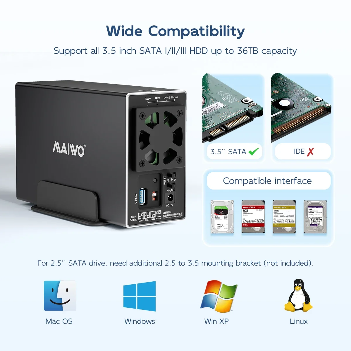 MAIWO casing kapasitas 2.5/3.5 inci, SATA RAID HDD stasiun Dok Dual Bay Hard Drive eksternal RAID USB3.0 hingga 5Gbps