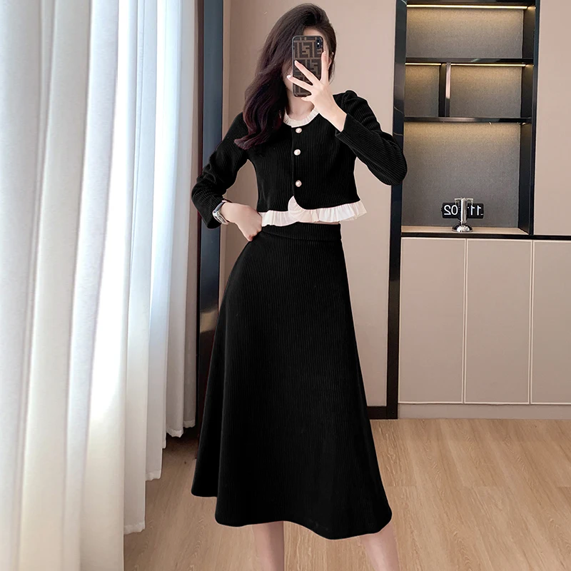 

2024 Autumn New Small Fragrant Set Skirt Red Corduroy Top Mid-Length Skirt Elegant 2-Piece Set Office Lady Thickened Black Dress