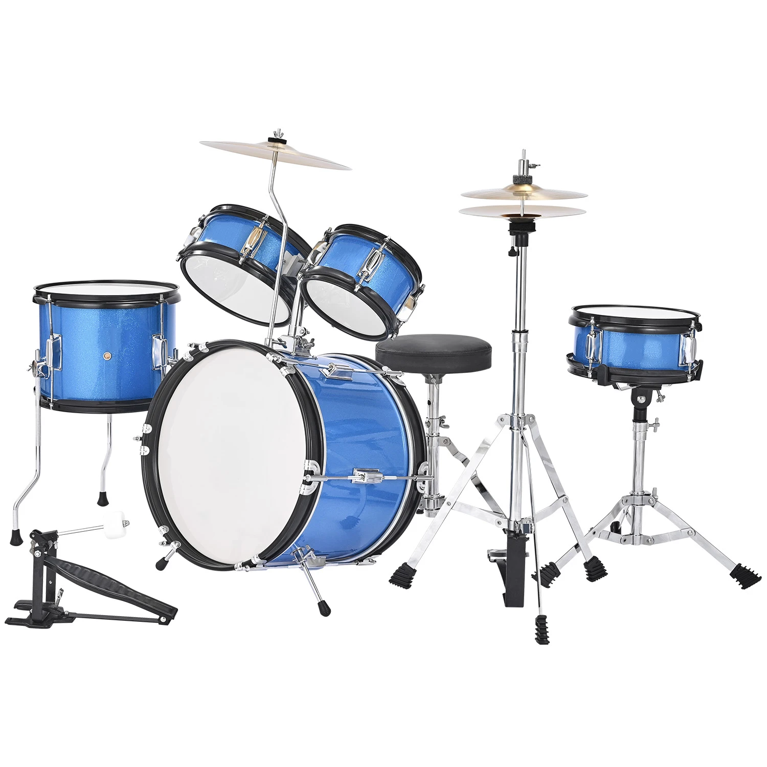 SucceBuy Juego de Batería Infantil de 5 Piezas de 14/16/22 Pulgadas con Trono Ajustable, Platillos y Baquetas para Niños de 6 a 13 Años, Azul/Negro/Rojo/Plateado