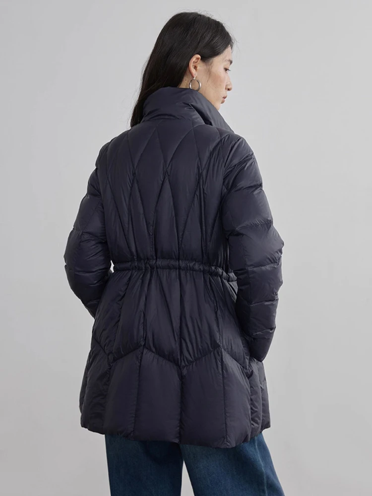 럭셔리 여성용 하이넥 다운 재킷 따뜻한 2026 겨울 우아한 조절 가능한 허리 퍼퍼 코트 루즈한 고품질 INKEO DJ641
