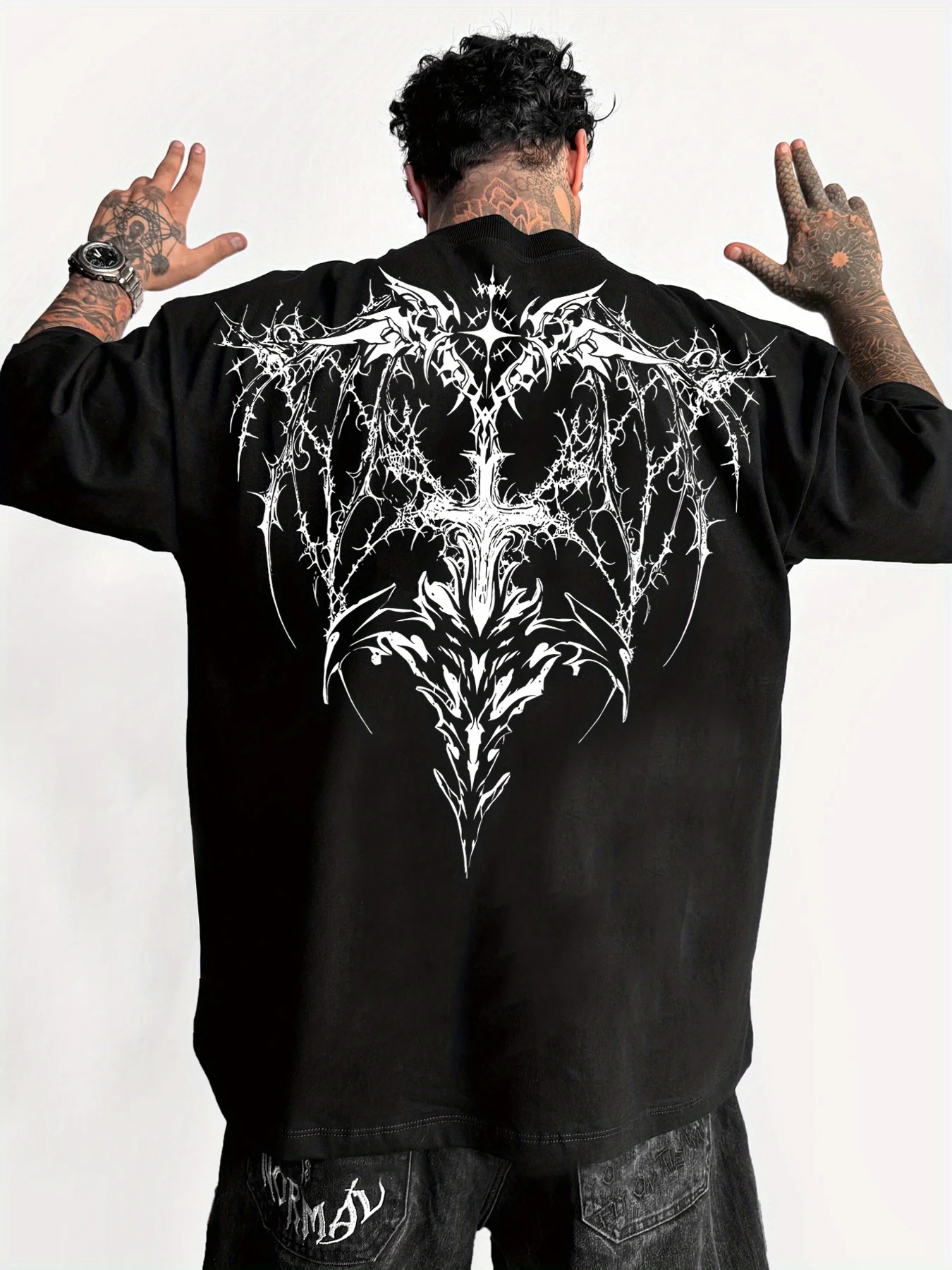 100% Cotton T-shirts for Men Gothic Bat Wing & Barbed Wire Back Print T-shirt Tops Gothic Fashion Streetwear Men's Casual Tops