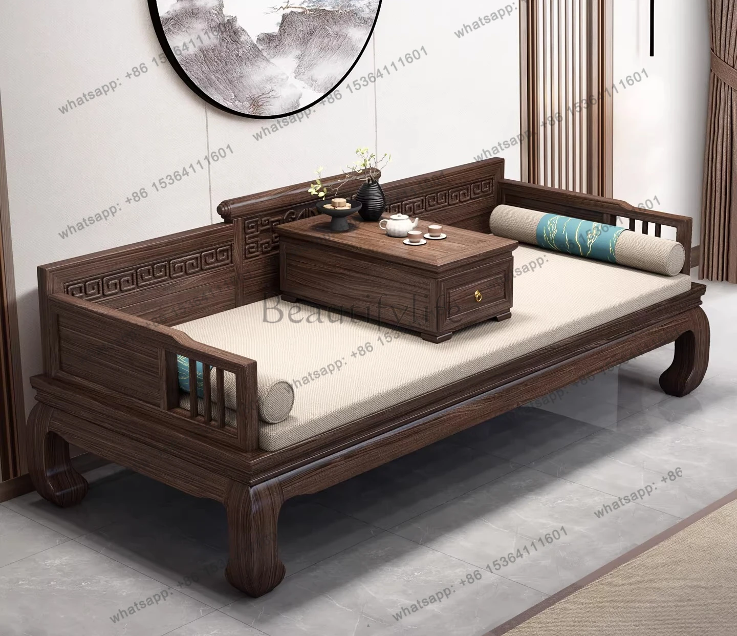 New Chinese walnut Arhat bed combination dual-purpose sofa bed zen size apartment