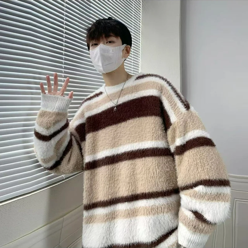 

Men's Oversized Round-Neck Knit Sweater Wool Blend Long Sleeve 2026 Autumn/Winter New Fashion Stripe Color-blocking Warm Top