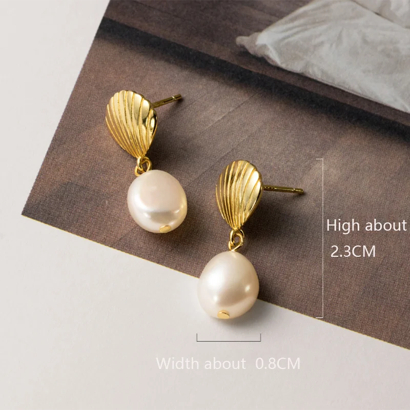 WANTME 925 Sterling Silver Natural Baroque Pearl Shell Pendant Dangle Earrings for Women Trendy European Party Statement Jewelry