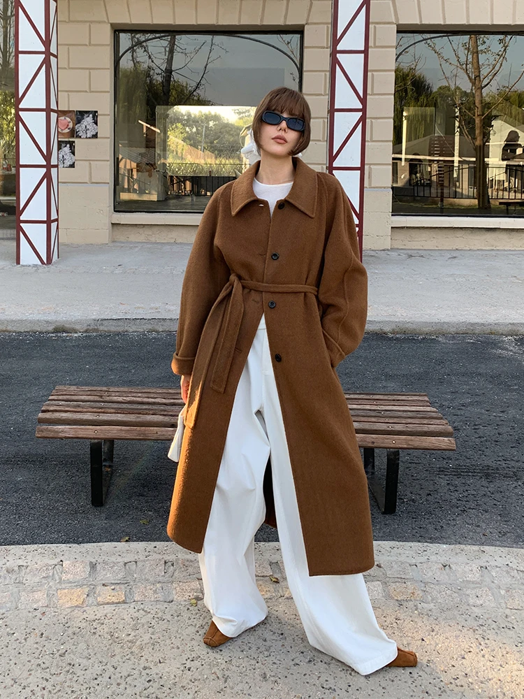 

Высококачественное двустороннее шерстяное пальто Camere, длинное женское винтажное пальто с воротником на одной пуговице, верхняя одежда с поясом, роскошное длинное пальто ручной работы