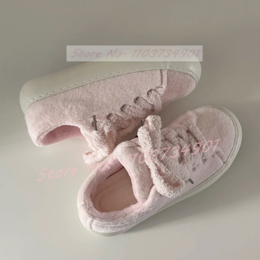 Rosa peludo sapatos quentes mulheres inverno sola grossa anti-deslizamento rendas até tênis feminino conforto doce na moda casual 2025 novos sapatos planos