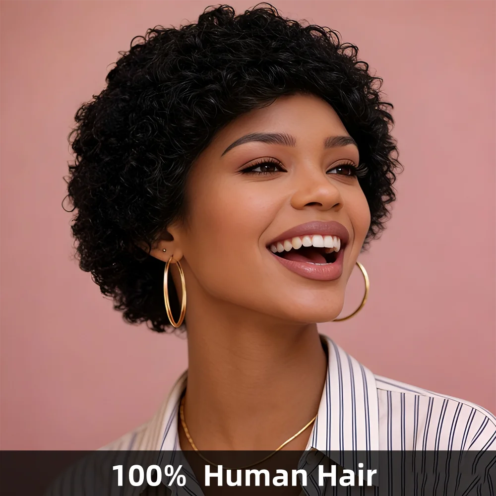 

Короткий черный афро-парик с кудрями и челкой, 100% бразильские волосы Реми, 180% плотность, полностью машинной работы