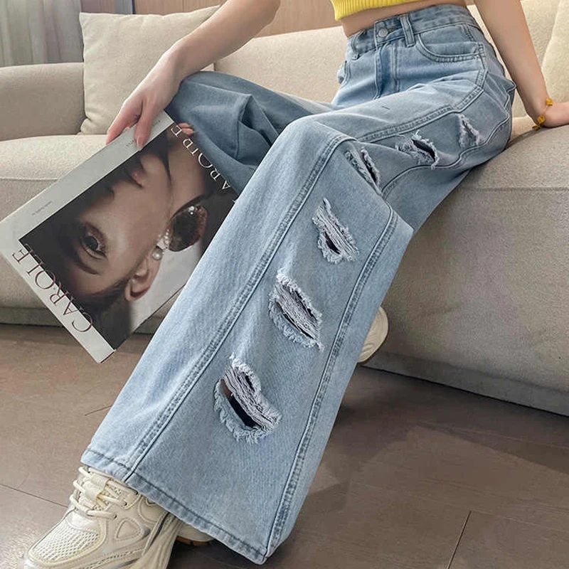 

American Style Ripped Denim Pants Women Summer Raw Edge Splice High Waist Straight Wide Leg Jeans Female High Street