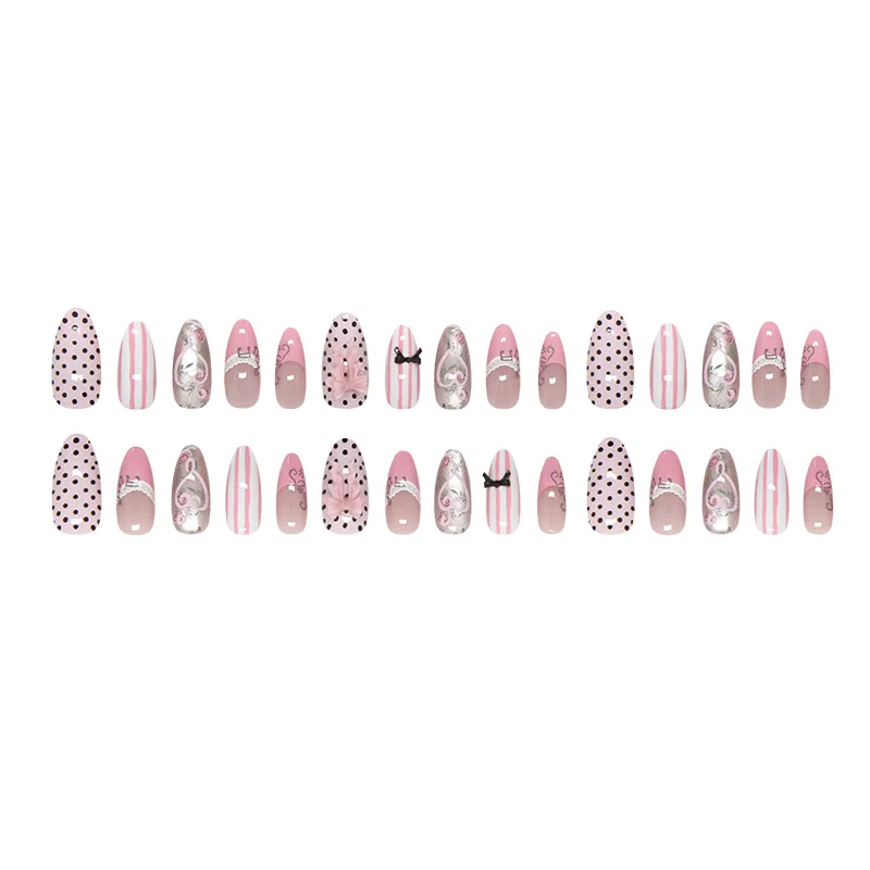 24 piezas uñas postizas rosadas dulces con moños, francesas almendra brillantes, estilo coreano 5