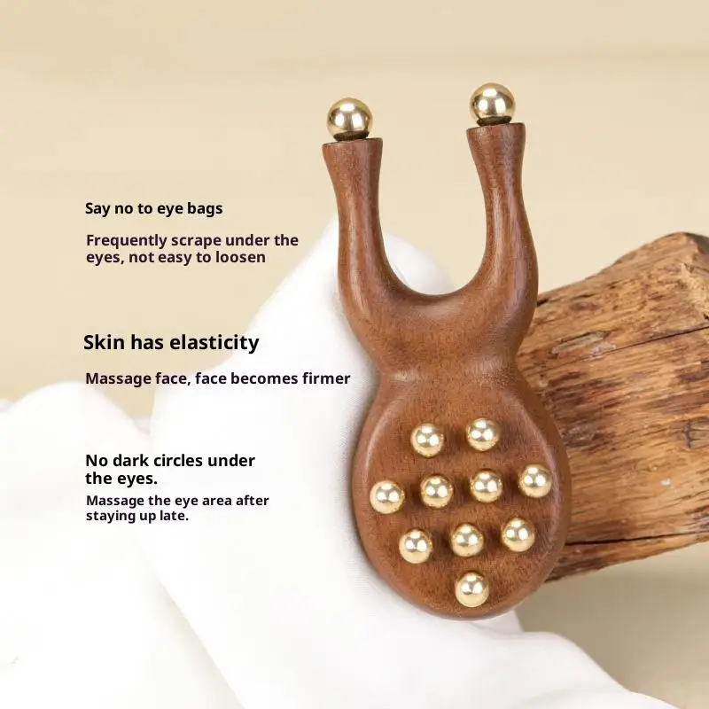 12 Copper Beads Guasha Face Massager Tool Sandalwood Handle Fascia Lifting Face Manual Massager Anti Static Frog Shape Handheld