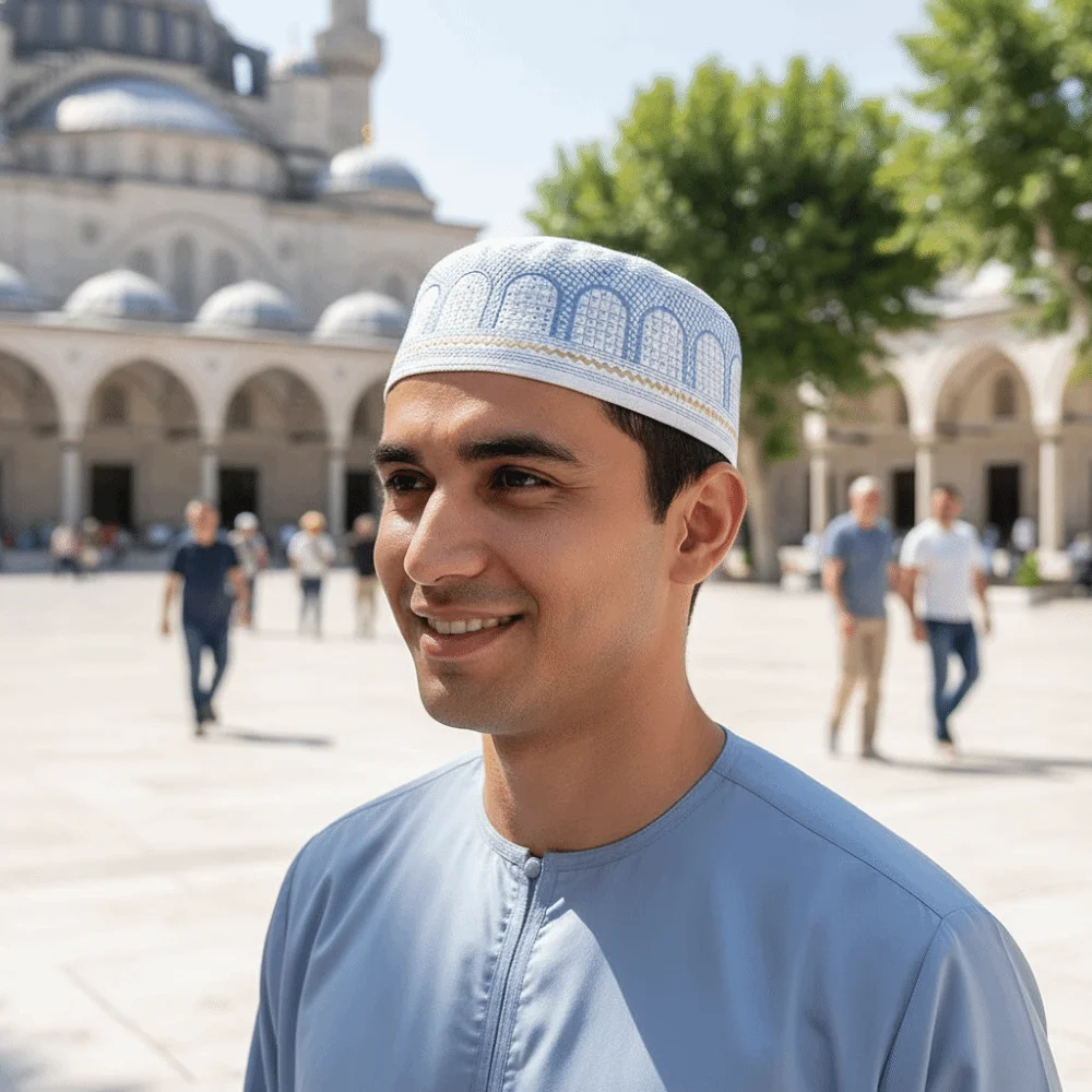 

New Traditional Muslim Hat Embroidery Design Round Shape Prayer Hat Cotton Saudi Arabian Style Islamic Cap Islamic Events