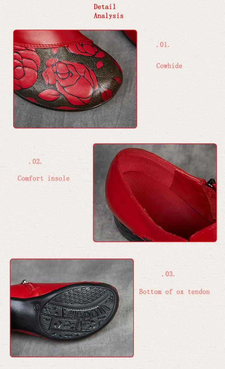 Women's Genuine Leather Ethnic Pumps Red Rose Floral Print Block Heel Slip On Mom Shoes Woman Handmade Dance Shoes Mature Ladies view 2