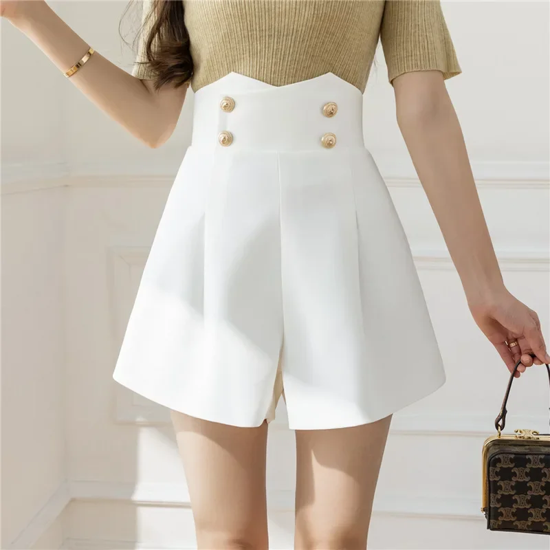 Suit pants women's new autumn wear high waist double-row buttons to cover their stomachs A wide-leg pants casual Joker shorts.