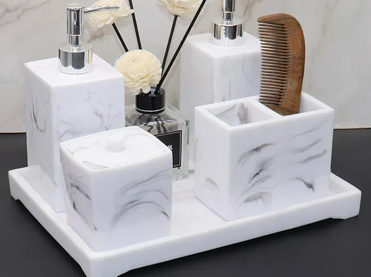 Marble pattern bathroom five-piece tray resin ornament