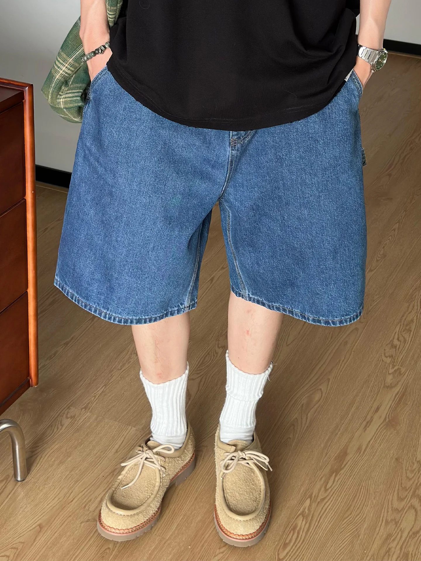 Fashionable Hong Kong Style Men's Denim Shorts Summer Trend Drawstring Loose Wide Leg Straight Cut Five-Quarter Length Pants