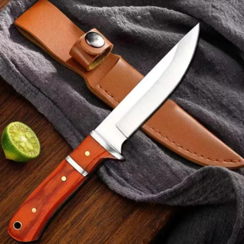 redwood handle outdoor tactical knife,EDC outdoor camping straight knife,mountaineering adventure self-defense survival knife