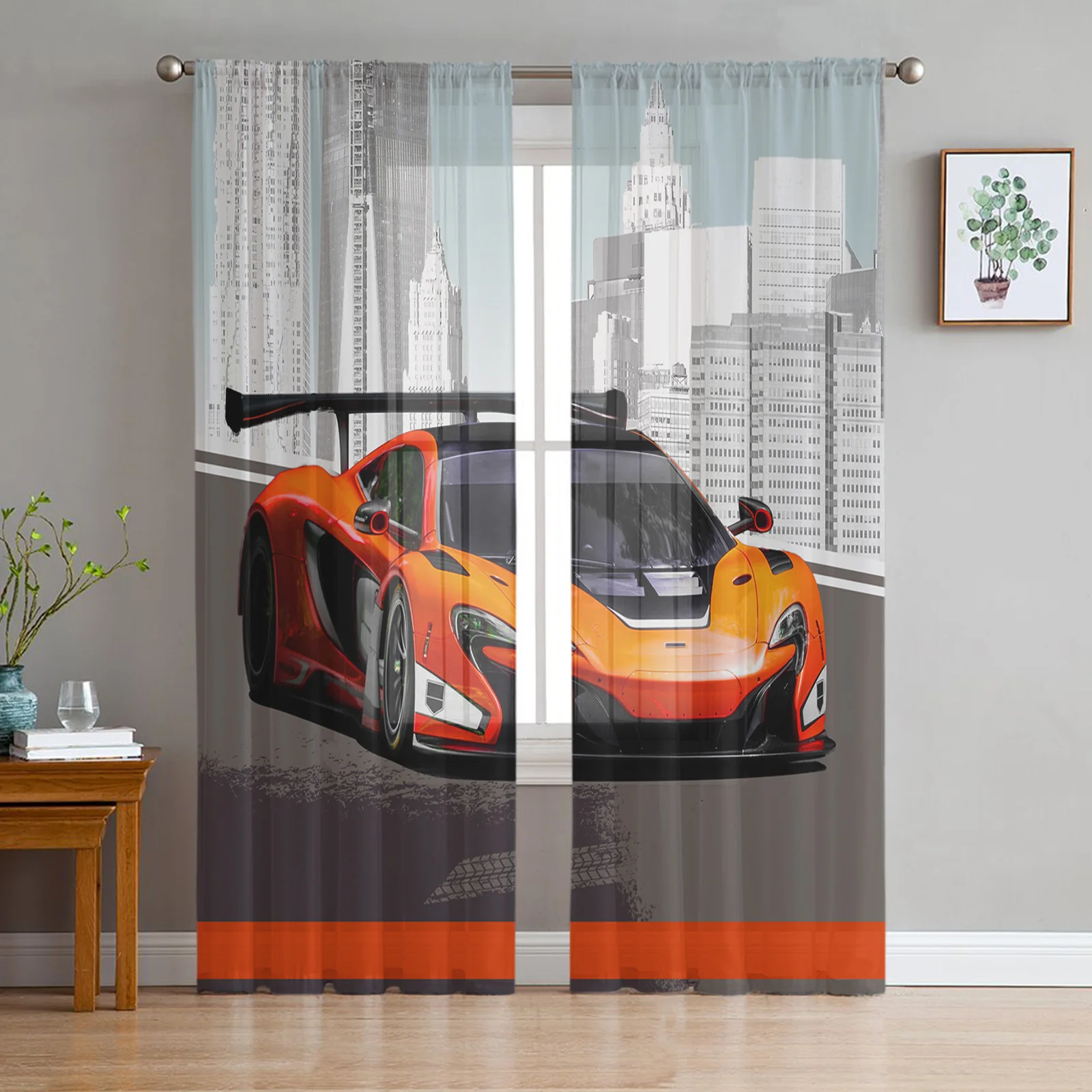 City Sports Car Sheer Window Curtains for Living Room Kitchen Children Bedroom Decoration Chiffon Tulle Voile Hanging Curtain