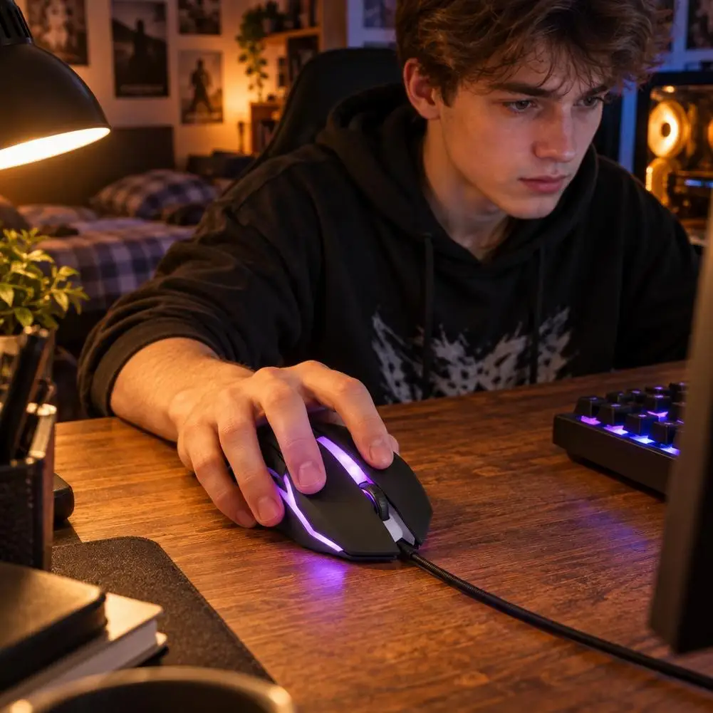 Wired RGB Gaming Mouse Ergonomic USB Optical Mouse 83g Lightweight 800-1200-1600 Adjustable DPI Auto Breathing Multi Color LED