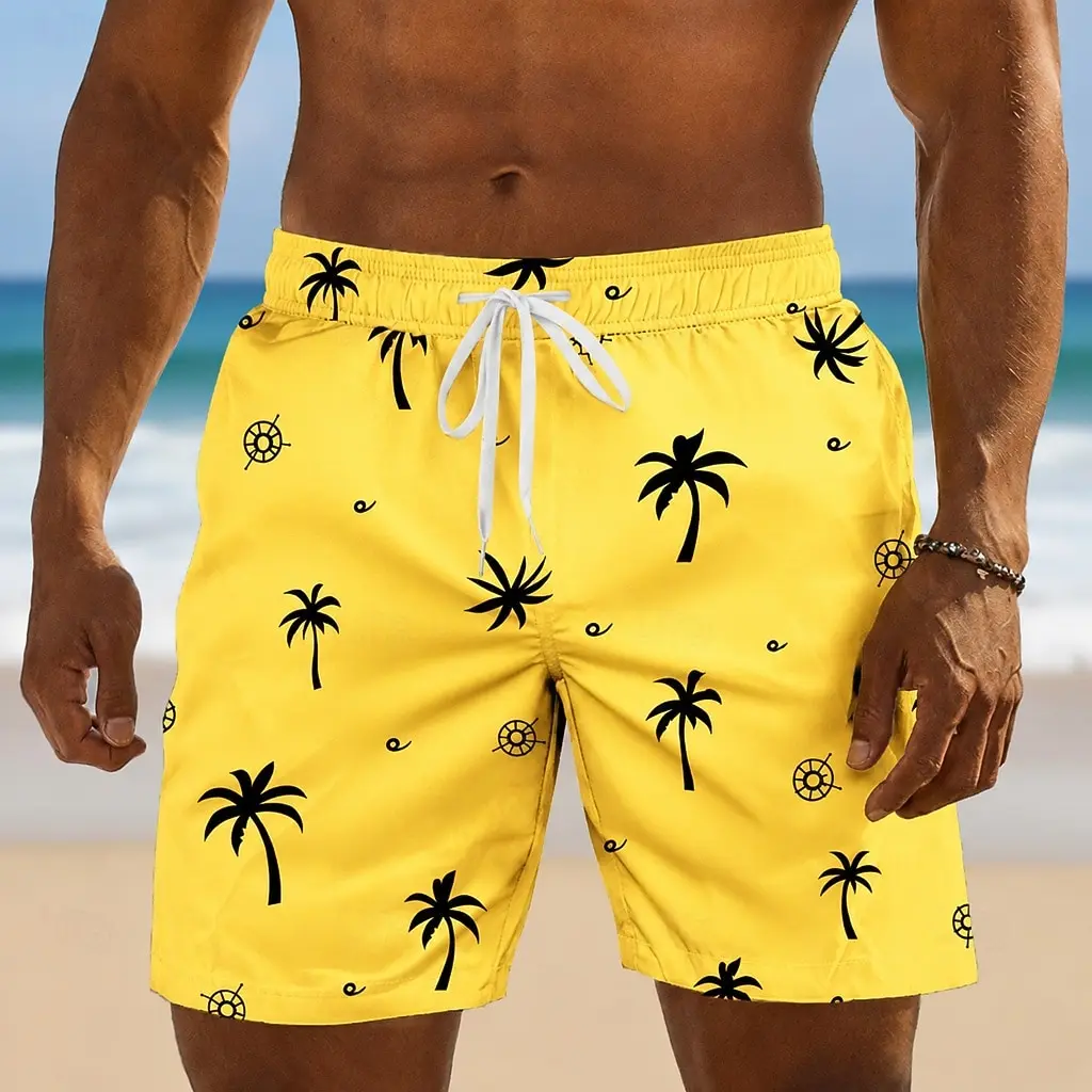 Men's Bright Yellow Palm Tree & Nautical Print Drawstring Shorts, Casual Loose Fit For Spring Summer Daily Beach Vacation