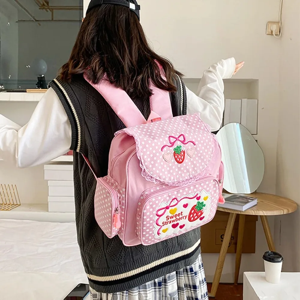 2026 Cute Pink Sweet Strawberry Polka Dot Backpack Lace Trim Kawaii Harajuku School Bag for Teen Girls, Student Travel Daypack