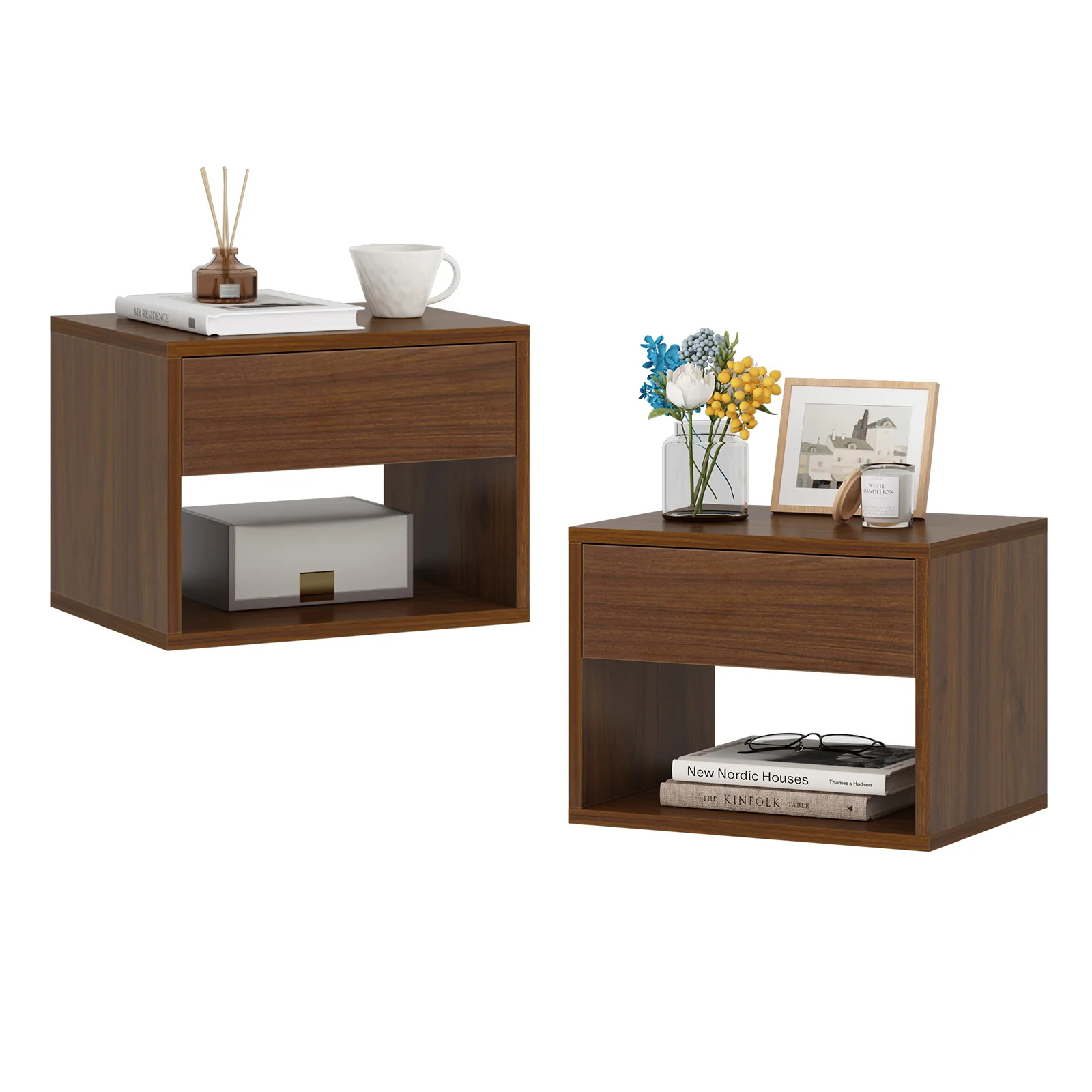 Wall Mounted Nightstand Double Set - Walnu