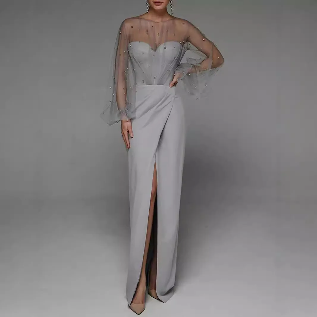 New Women's Long Dress Sexy Strap Pearl Long-sleeved Dress Evening Gown