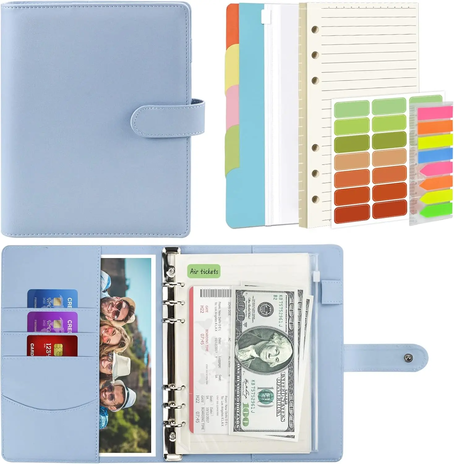 A5 Notebook Binder Set - 6 Ring PU Leather Planner,5 PCS File Divider,45 Sheets Paper,Label Stickers,Tabs and Clear Envelopes