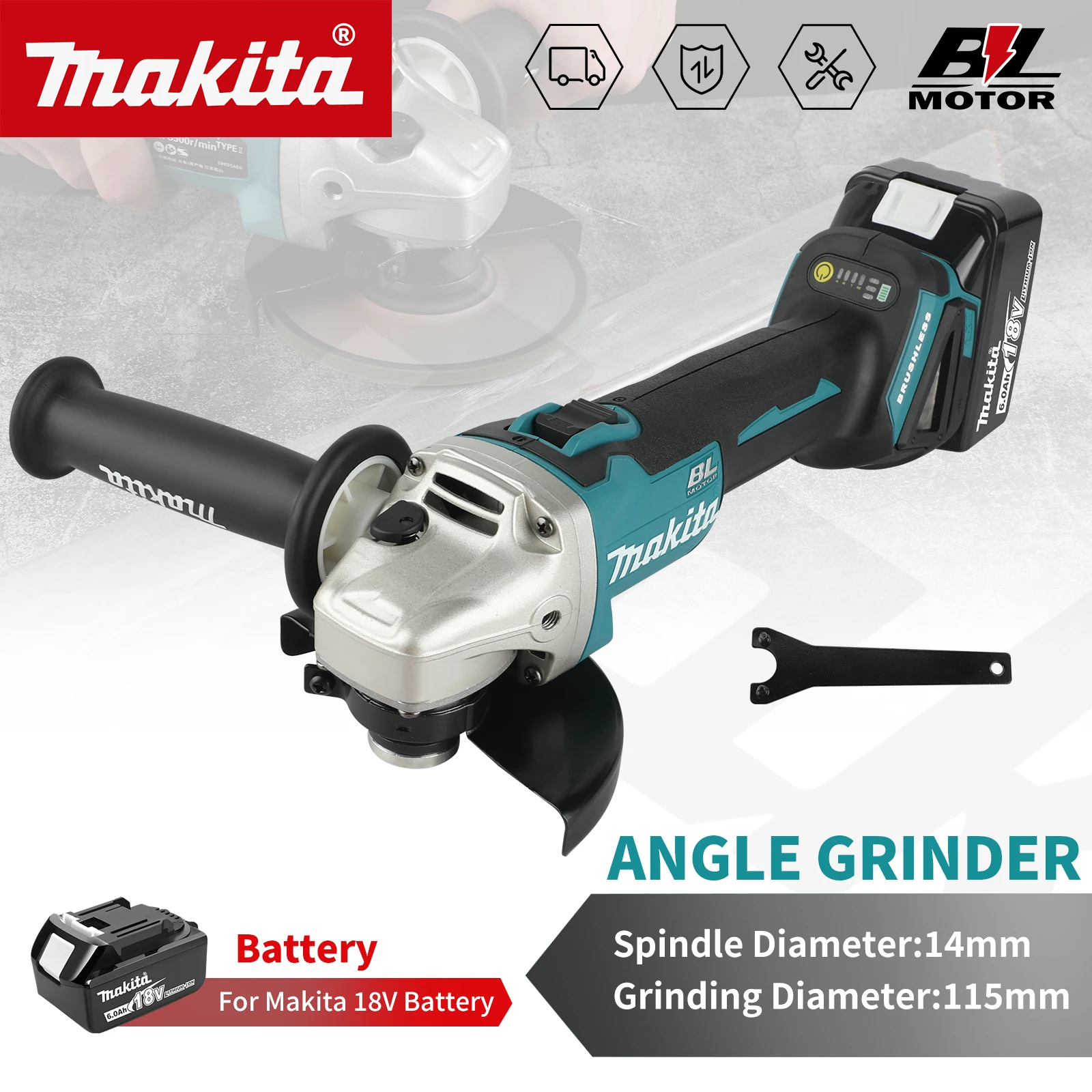 

Makita DGA456 115mm 18V Lithium Ion Brushless Charging Polishing Machine High Power Cutting Machine