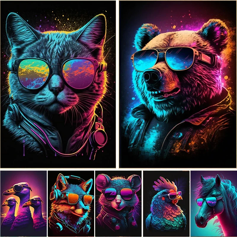 Neon Nights Cool Animals Canvas Poster with Bear  Cat in Sunglasses  Stylish Wall Art for Home  Gaming Room Decor