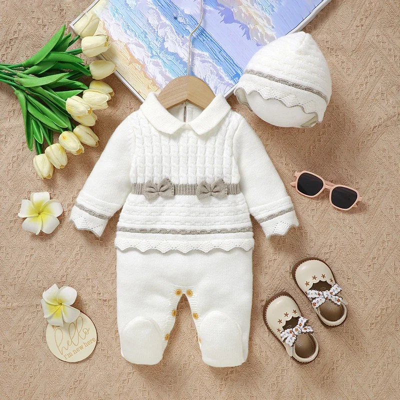 Newborn Baby Rompers Knit Infant Girl Jumpsuit Long Sleeve Toddler Kid Clothing Hat 0-9M Overalls Fashion Tie 2PCS Foot Wrapping