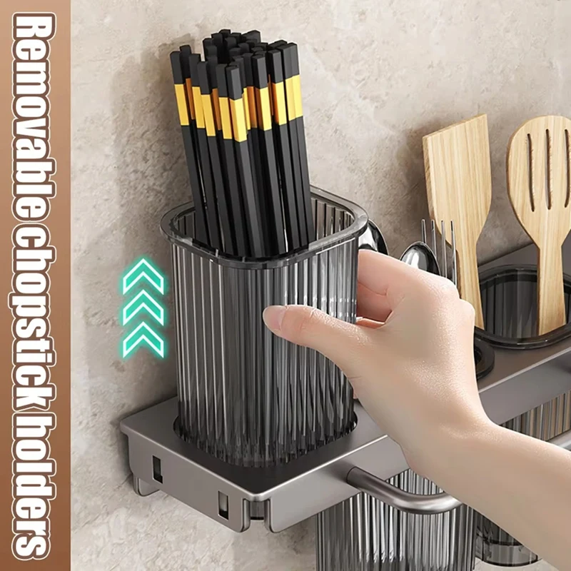 Suporte de faca multifuncional montado na parede - Prateleira dobrável para cozinha, inclui tubo de pauzinhos e armazenamento de cortador