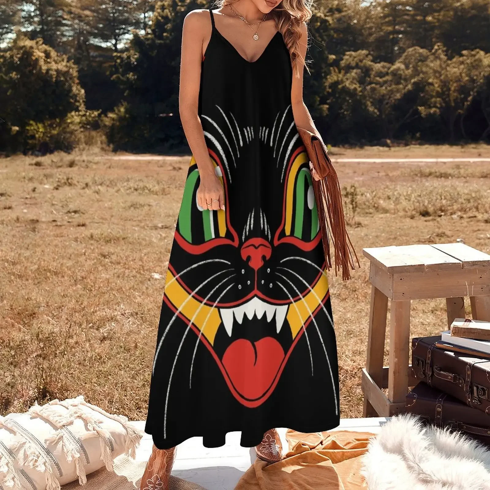 Retro Vintage Halloween Decor Black Cat Face Sleeveless Dress Dress women