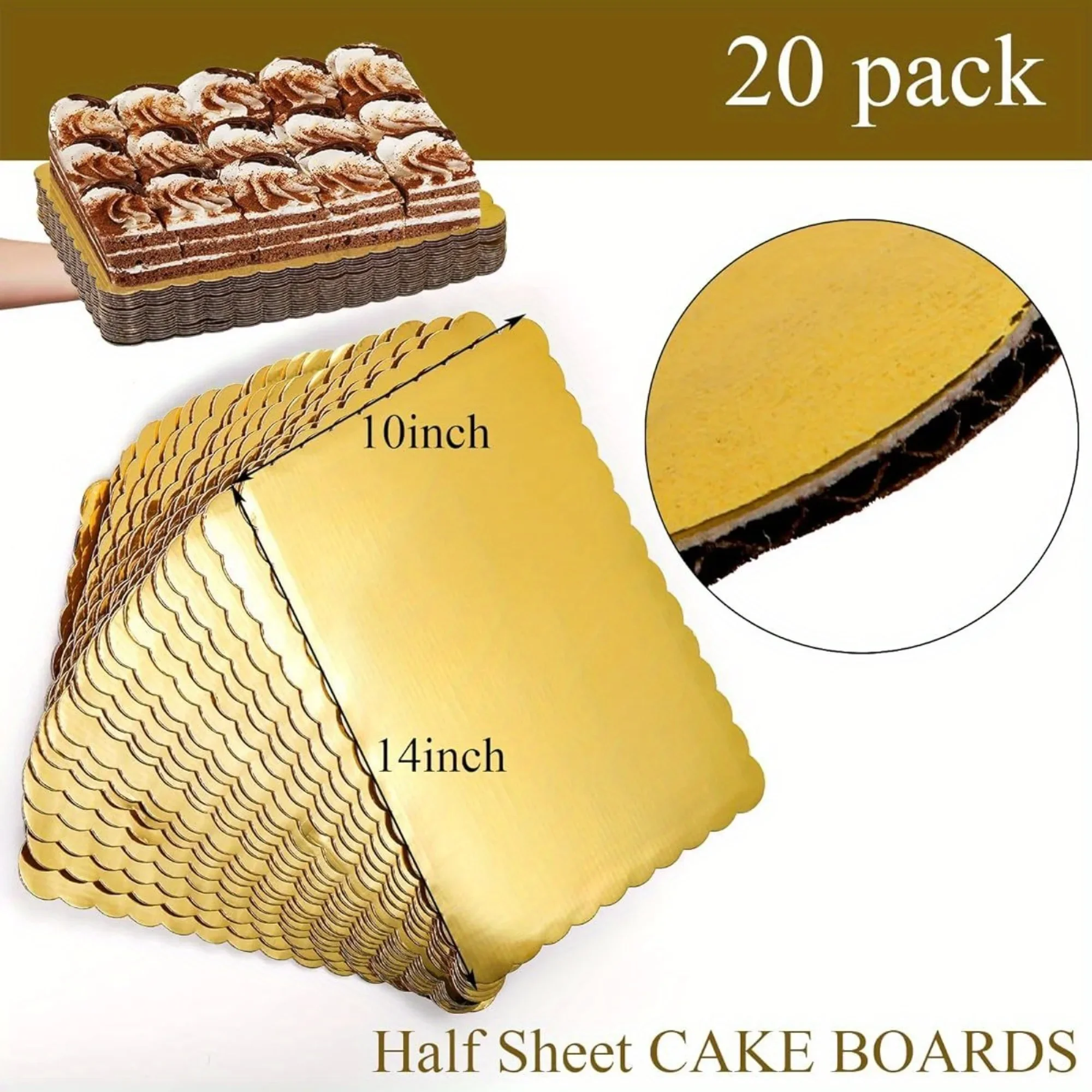 20pcs Rectangle Cake Board Disposable 14x10inch Golden Cardboard Cake Bases for Baking Cake Tiramisu Pizza Pastry Party Decorate