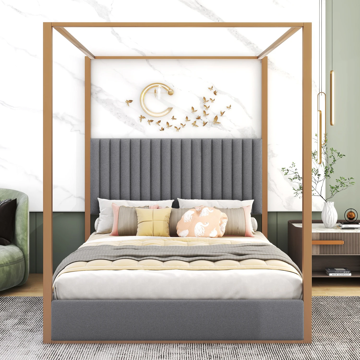 Queen Size Upholstery Canopy Platform Bed with Headboard and Metal Frame, Gray