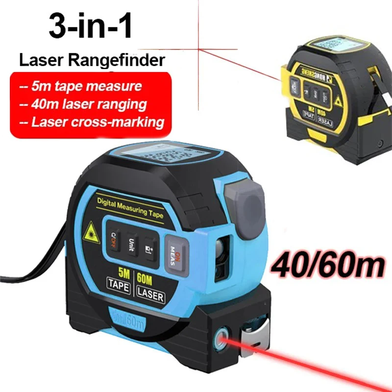 3 In 1 Laser Rangefinder 5M Tape Measure Ruler 40m/60m Laser Distance Meter LCD Display with Backlight for Building Measurement